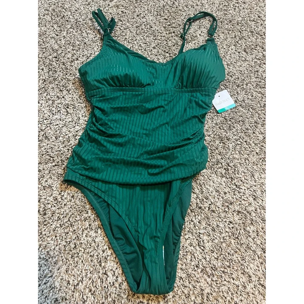 Ellen Tracy Womens Forest Green Ribbed Ruched One Piece Swimsuit XL NWT